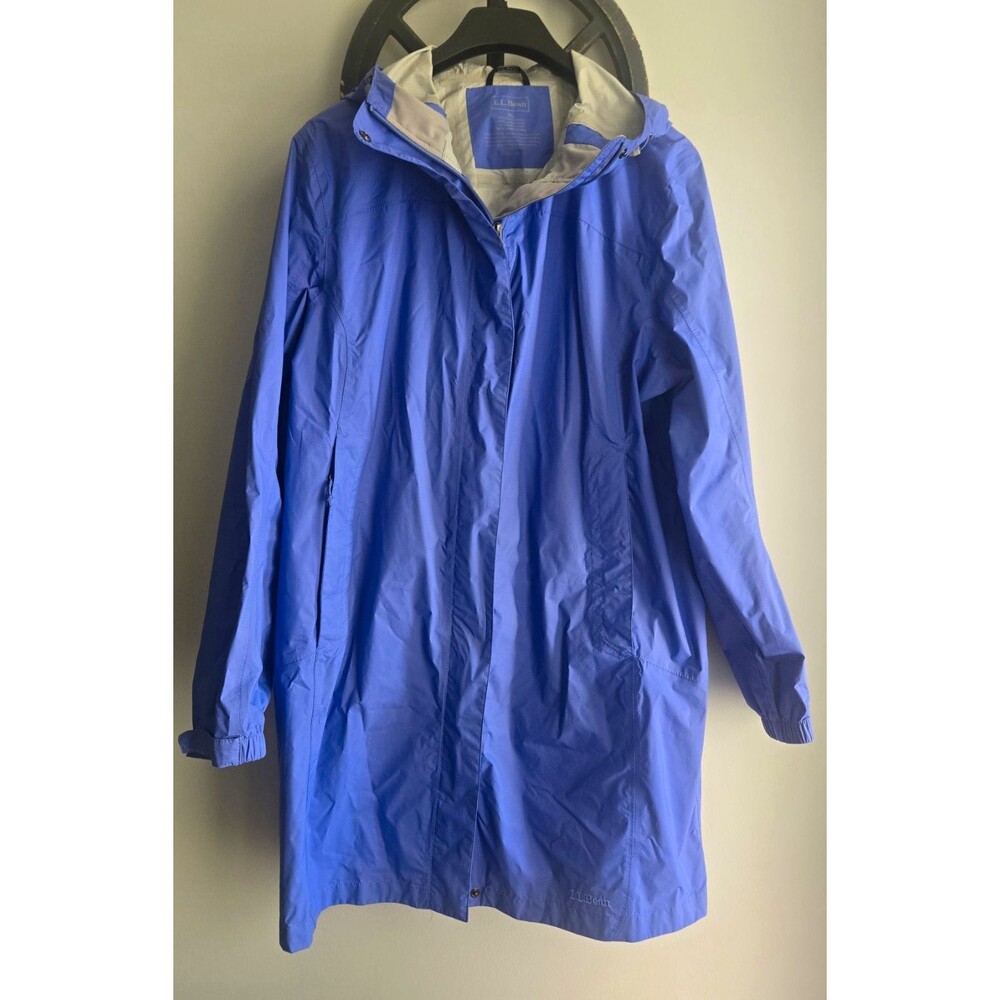 L.L.Bean Blue Hooded Long Rain Coat XL Zip Front Nylon Shell